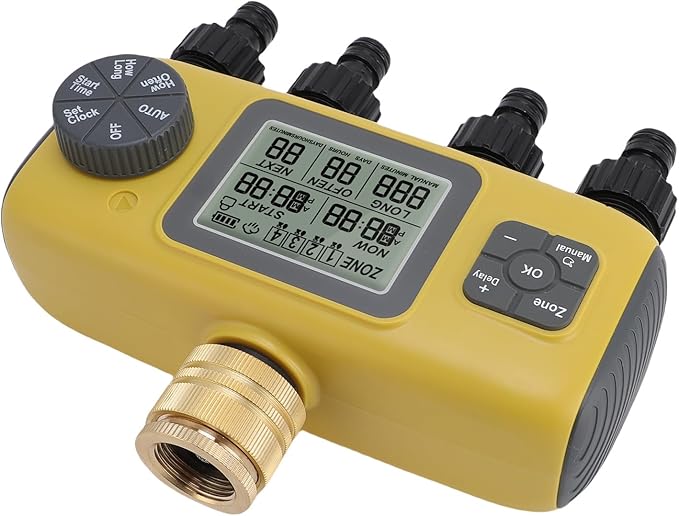 RiToEasysports Irrigation Timer, Intelligent Control, 4 Zone Watering Timer, Rain Delay, 3/4in Brass Inlet for Yard Lawn 40.1°F to 113°F