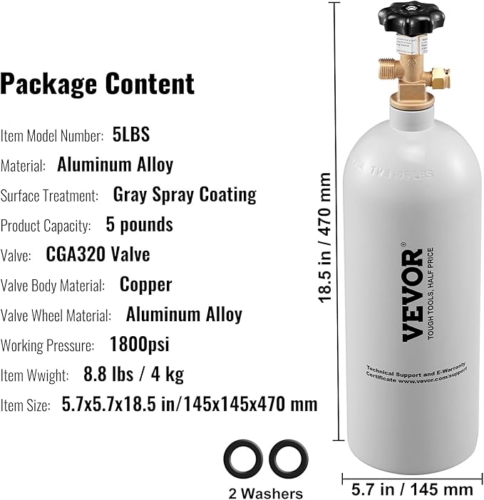 VEVOR CO2 Tank, 5 lbs New Aluminum Alloy Cylinder, CO2 Air Tank with Light Gray Spray Coating, CGA320 Valve & Adjustable Pressure, DOT Approved Cylinder for Draft Beer Dispensing and Soda Maker
