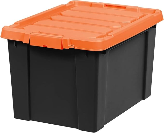 IRIS USA 20 Gallon Lockable Storage Bins with Lids, 4 Pack - Made in USA, Heavy Duty, Stackable Containers, Garage Organizing Bins Moving Tubs, Rugged Sturdy Equipment Utility Box - Black/Orange