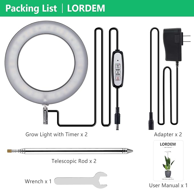 LORDEM Plant Grow Light, Full Spectrum Plant Light for Indoor Plants, Brightness Adjustable LED Growing Lamp with Auto On/Off Timer 4H/8H/12H, Height Adjustable, 2 Packs of Black