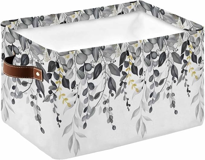 Grey Eucalyptus Storage Bins Cubes Waterproof Cloth Storage Basket, Watercolor Spring Weeping Botanical Foldable Storage Bags for Shelf Clothes Storages Organizers with Handles 15x11x9.5 in 1PCS