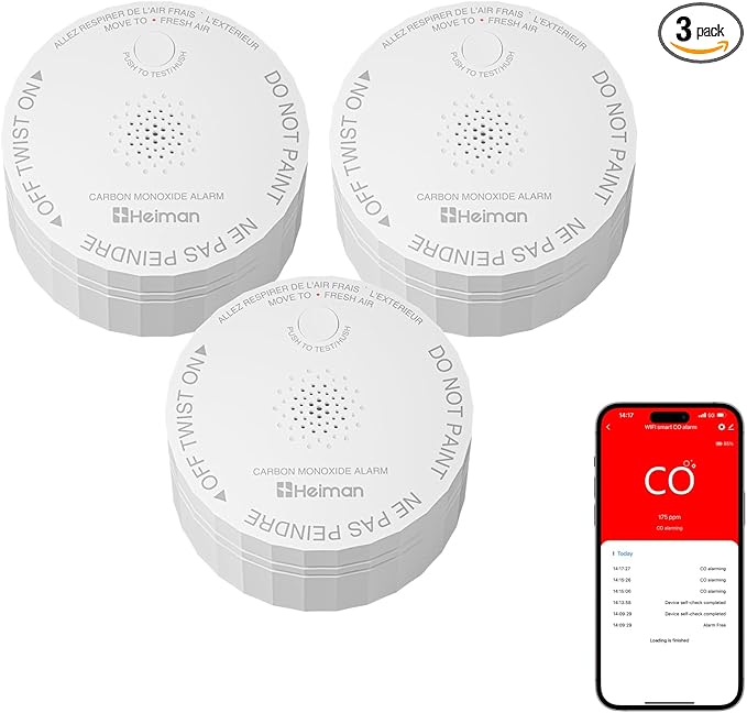 HEIMAN Smart Carbon Monoxide Detectors, Wi-Fi Nano CO Alarm, UL 2034 5th Certified, Real-Time App Notifications, Battery Powered, Test-Reset Button, 10-Year Figaro Sensor, Portable for Trave, 3-Pack