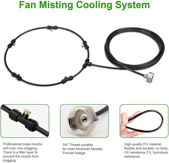 Outdoor Misting Fan Kit for a Cool Patio Breeze,Water Mister Spray for Cooling Outdoor,19.36FT (5.9M) Misting Line + 5 Brass Mist Nozzles + a Brass Adapter(3/4) Fit to Any Outdoor Fan