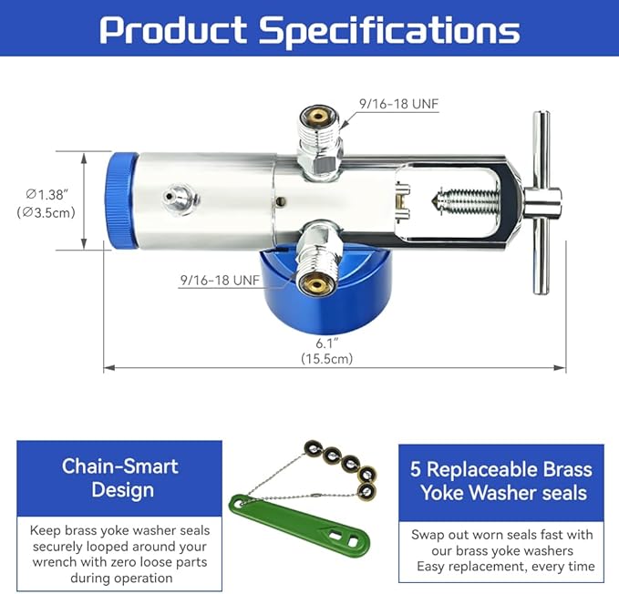 Oxygen Regulator with 1 Wrench and 5 Brass Yoke Washer Seals, CGA870 Connection 0-25 LPM with Impact Withstanding Metal Gauge, Break Withstanding, All-Brass Body