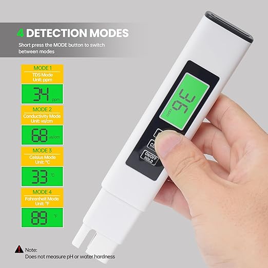 TDS Water Tester, 4 in 1 TDS Meter Digital Water Tester, Accurate and Reliable Digital TDS EC & Temp(°C,°F) Meter, 0-9990PPM Water Quality Tester for Drinking Water RO/DI System Aquarium White 6.1In