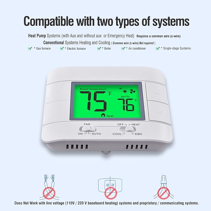 Garystat Non-Programmable Heat Pump Thermostat for House 2 Heat/1 Cool, with Temperature & Humidity Monitor and Large Green LCD