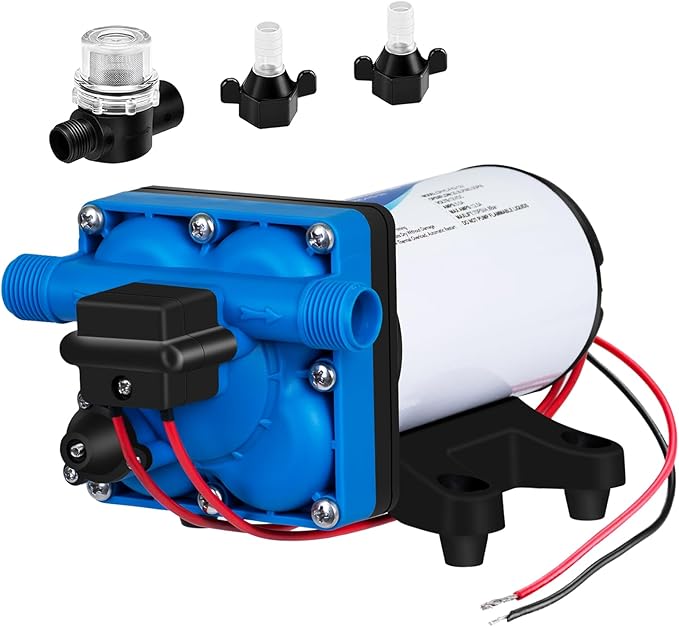 DC HOUSE 4-Chamber RV Water Pump 12V, 5.5GPM 70PSI High Pressure, Quiet Fresh Water Diaphragm Pump with On Demand Pressure Switch for Camper, Travel Trailer & Off-Grid Cabin