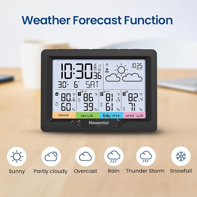 Newentor Weather Station Wireless Indoor Outdoor Multiple Sensors, Digital Atomic Clock Weather Thermometer, Temperature and Humidity Monitor, Forecast Weather Station with Backlight, Black