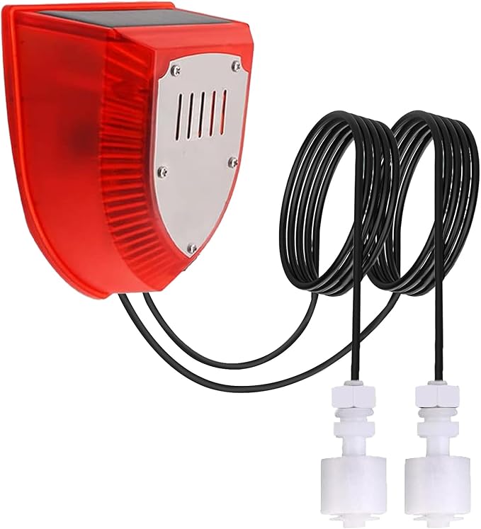 Solar Water Level Sensor, High/Low Water Level Alarm with Dual Probe, 129 dB Red Strobe Siren with Adjustable Volume, Bobber Water Detector, 16.4ft Detect Cord, IP55 Waterproof for Indoor /Outdoor