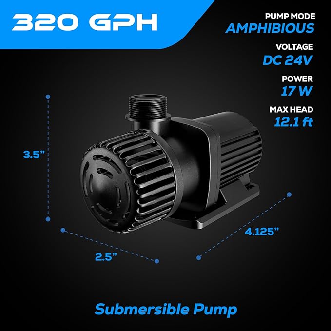 320 GPH Intelligent ECO Amphibious Water Pump - Sine Wave Technology with Controller for Hydroponics & Aquariums, 15W - 2 Pack