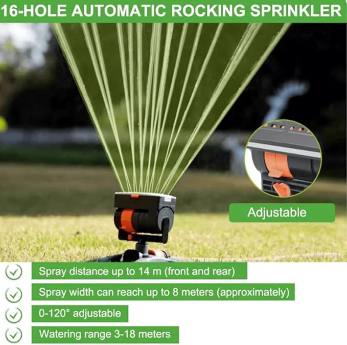 16-Nozzle Oscillating Sprinkler with Dual-Zone Sprinkler Water Timer, Adjustable Garden Sprinkler Watering System, 360° 16-Hole Automatic Rocking Sprinkler (Ground-Insert, with 5m Hose)