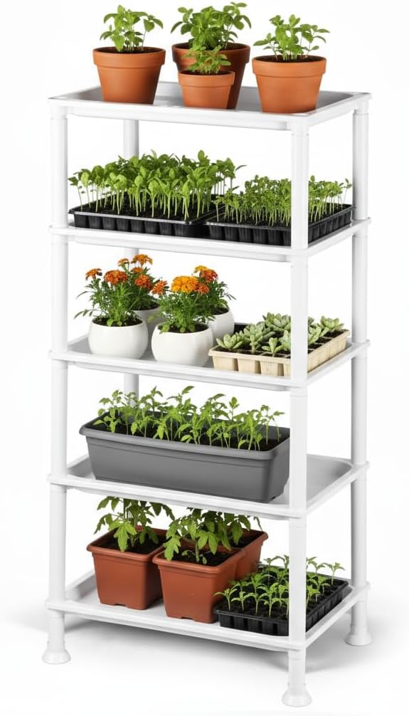 RooTrimmer 5-Tier Seed Starter Trays, Plant Stand, with Bottom-Watering Design–Shelf for Indoor Outdoor Seedling Sprouting Greenhouse, Space-Saving for Small Cell Trays & Nursery Pots, White
