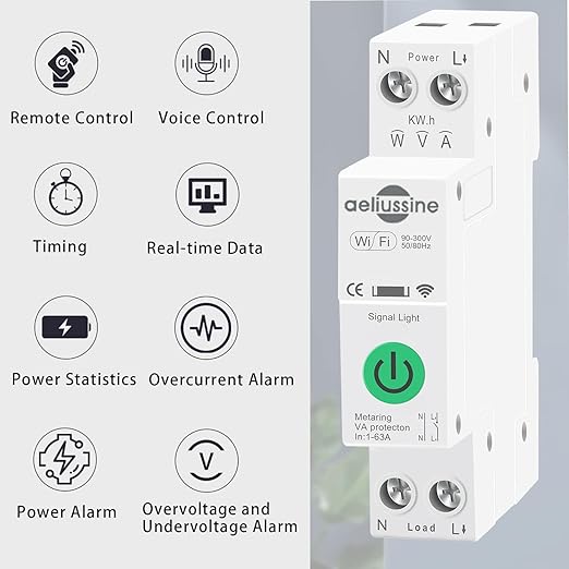 WiFi Smart Switch Breaker, 1-63A Adjustable Wifi Breaker for Whole House Monitoring, APP Remote Control Monitor Voltage Power Energy Usage, Compatible with Alexa Google Home, DIN Rail Mountable(2 PCS)