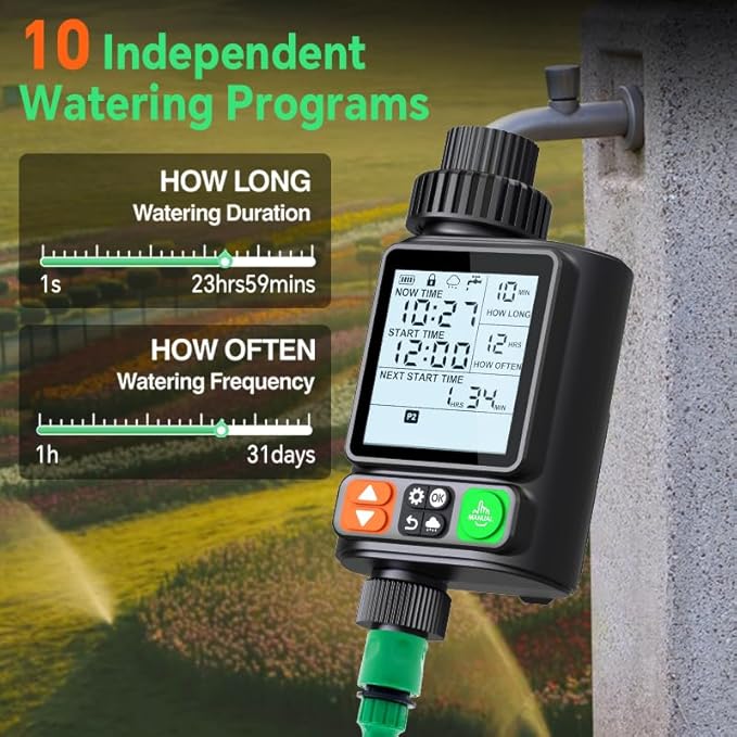 Sprinkler Timer for Garden Hose, Upgrade 10 Program Water Timer with Auto Rain Delay, IP54 Waterproof 3.3“ Large LCD Drip Irrigation System Timers for Plant, Yard, Lawns, Outdoor