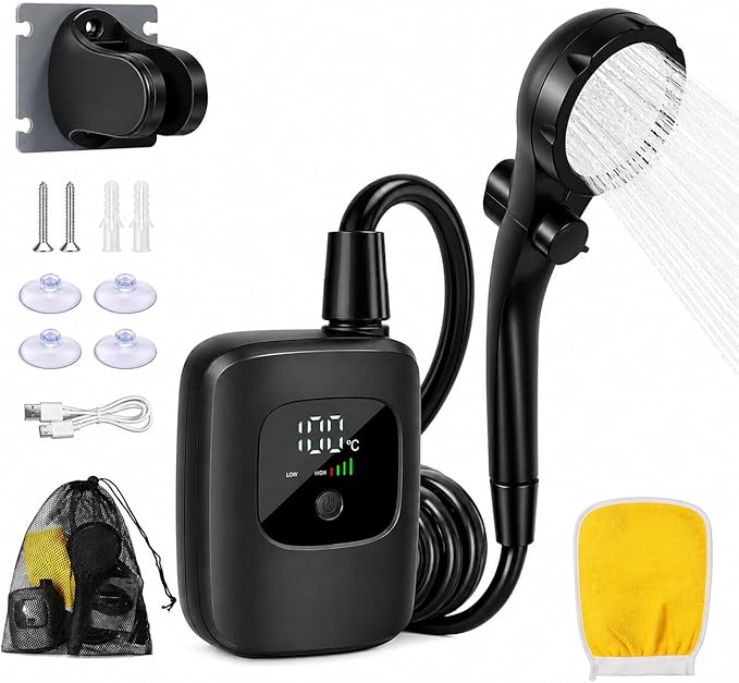 2026 Upgraded Smart Portable Shower Pump,Rechargeable Camping Shower with LED Display,3 Spray Modes High Pressure Portable Shower Head for Camping,Travel,Hiking,Pet Bath