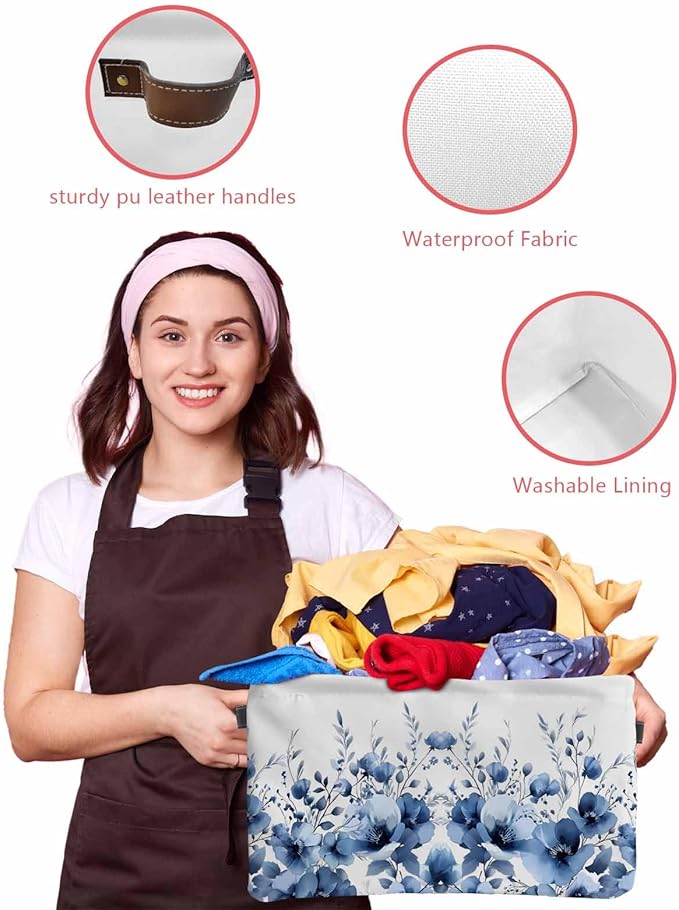 Blue Blooms Floral Storage Bins Cubes Waterproof Cloth Storage Basket,Farmhouse Spring Flowers Botanical Foldable Storage Bags for Shelf Clothes Storages Organizers with Handles 15x11x9.5 in 2PCS