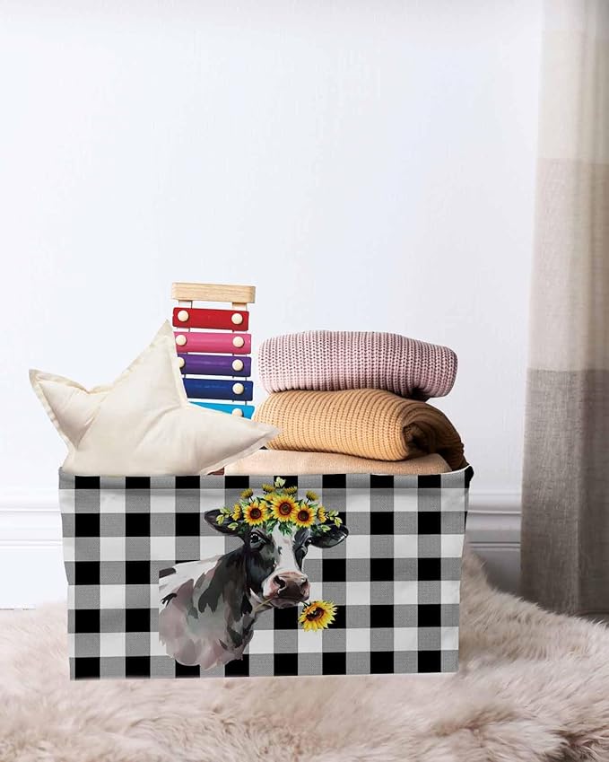Sunflowers Cow Storage Bins Cubes Waterproof Cloth Storage Basket, Farm Animal Black Buffalo Plaid Foldable Storage Bags for Shelf Closet Clothes Storages Organizers with Handles 15x11x9.5 in 1PCS