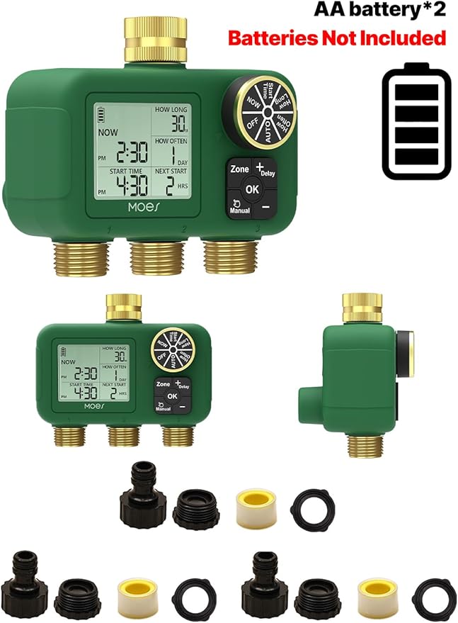 MOES 3 Zone Water Timer for Garden Hose, Heavy Duty Solid Brass Inlet & Outlets, Programmable Sprinkler Timer Battery Operated, 3 Outlet Faucet Valve with Sequential Watering (Non-WiFi)