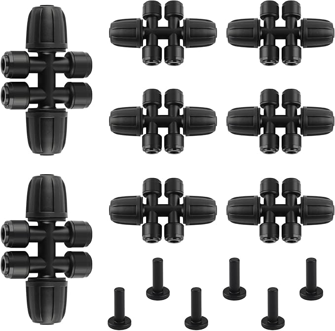 Kalolary 8PCS 5/16'' to 1/4'' Drip Irrigation Fittings, Push-to-Connect 6 Way Drip Irrigation Part Barbed Tee Connectors with 6PCS Plugs, Anti-Leak Locked Splitter Fitting for 5/16" Irrigation Tubing
