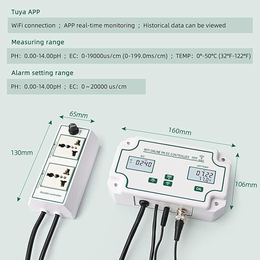 24/7 Online WiFi pH EC Monitor, EC PPM pH Mete Hydroponic Nutrients Smatr Monitor, APP Online Nutrient Meter with Data Logger Function for Nutrient Reservoir Water Tank DWC Indoor Garden