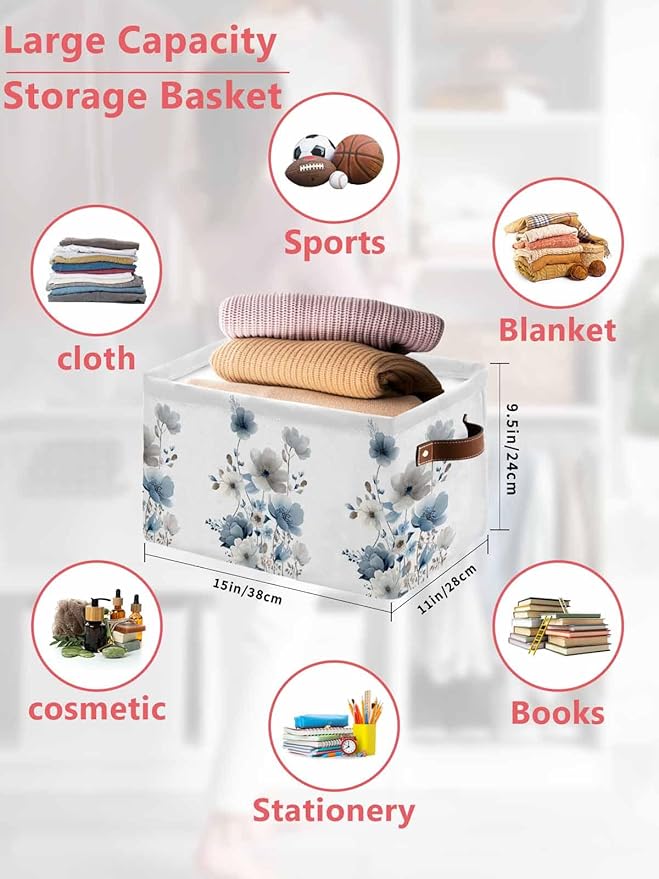 Blue Grey Floral Storage Bins Cubes Waterproof Cloth Storage Basket, Watercolor Flowers Farmhouse Foldable Storage Bags for Shelf Closet Clothes Organizers with Handles 15x11x9.5 in 2PCS