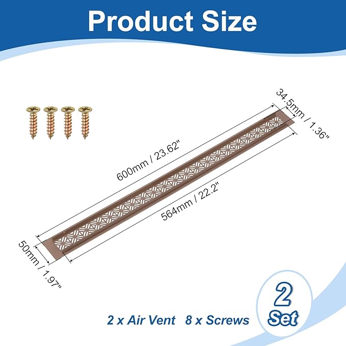 uxcell 2Pcs Aluminum Alloy Air Vents, 600 x 50mm / 23.6 x 2" Rectangle Louvered Ventilation Grille Cover with Mounting Screws for Door Cabinet Wardrobe, Brown