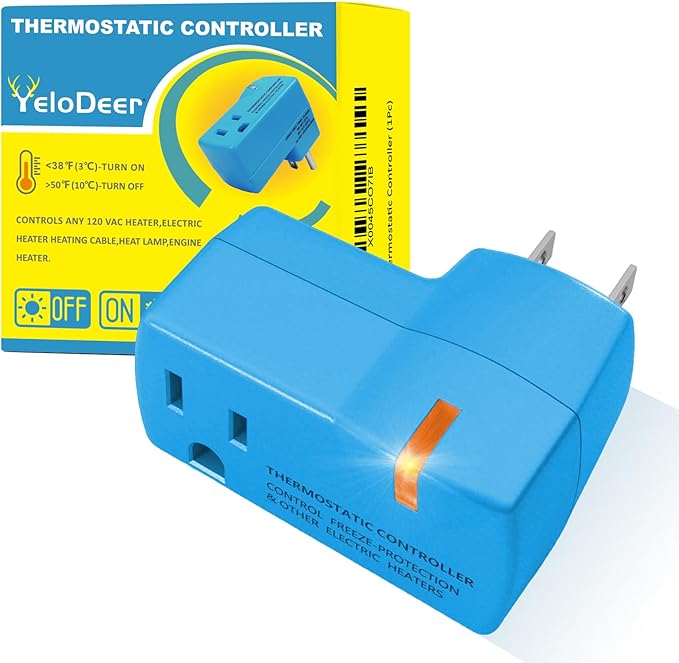 1 PC Upgraded Thermostat Outlet for Greenhouse and Well House Heater YeloDeer, Auto On 38 °F/Off 50 °F for Heater Pond De-icers Farm RV