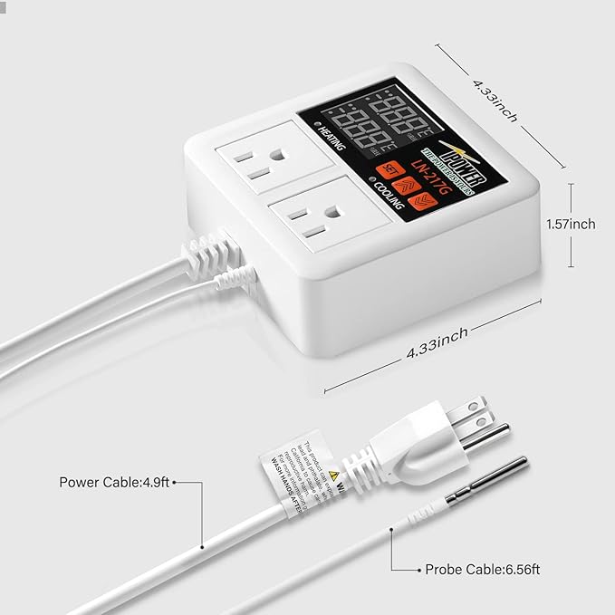 iPower Temperature Controller 1200W 10A Dual Digital Outlet Thermostat Plug, Pre-Wired, 2 Stage Heating and Cooling Mode, Fermentation BBQ Reptile Aquarium, 2 Pack