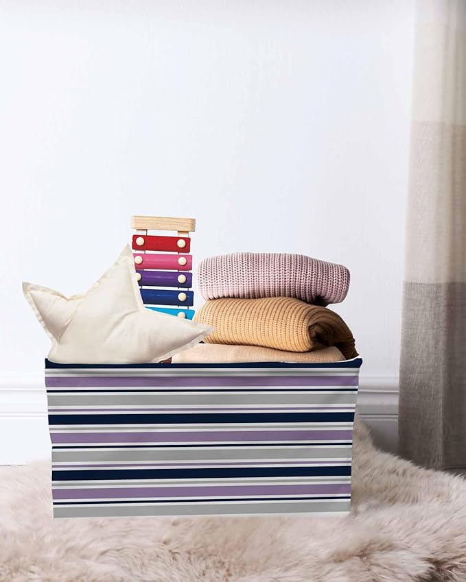 Purple Grey Striped Storage Bins Cubes Waterproof Cloth Storage Basket,Farmhouse Stripes Modern Abstract Art Foldable Storage Bags for Shelf Clothes Storages Organizers with Handles 15x11x9.5 in 1PCS