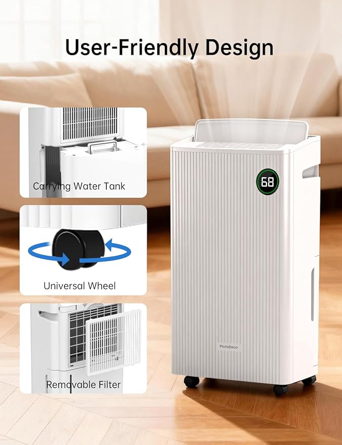 PHILODECO 80 Pint 4500 Sq.Ft Dehumidifier with Drain Hose, Automatic Defrosting, Intelligent Humidity Control with 24HR Timer, Smart Quiet Dehumidifier, for Basement, Bathroom, Bedroom, Home, White