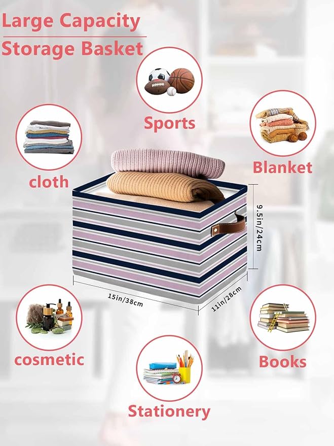 Pink Grey Striped Storage Bins Cubes Waterproof Cloth Storage Basket,Farmhouse Stripes Modern Abstract Art Foldable Storage Bags for Shelf Clothes Storages Organizers with Handles 15x11x9.5 in 2PCS