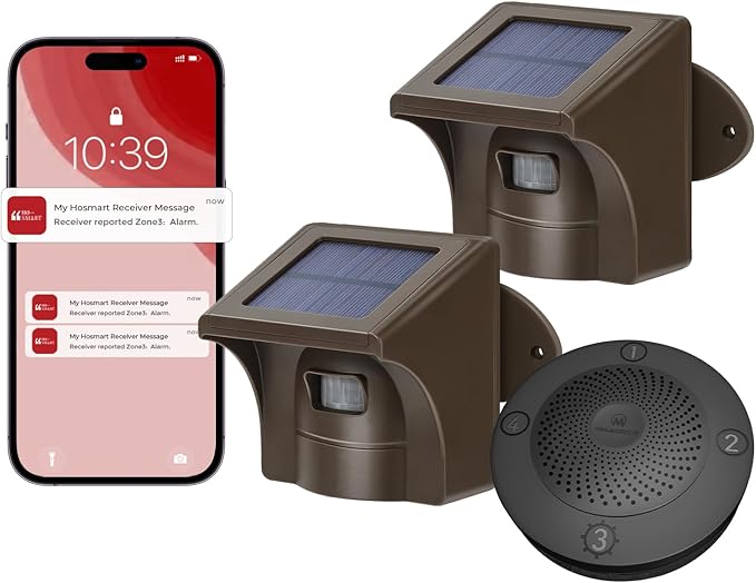 eMACROS Pro 3 Smart Solar Driveway Alarm System (2.4G Wi-Fi), App Push Notifications, 1/2 Mile (2600 ft) Wireless Range Motion Sensor & Plug-in Receiver, Weatherproof Property Alert (No Camera)