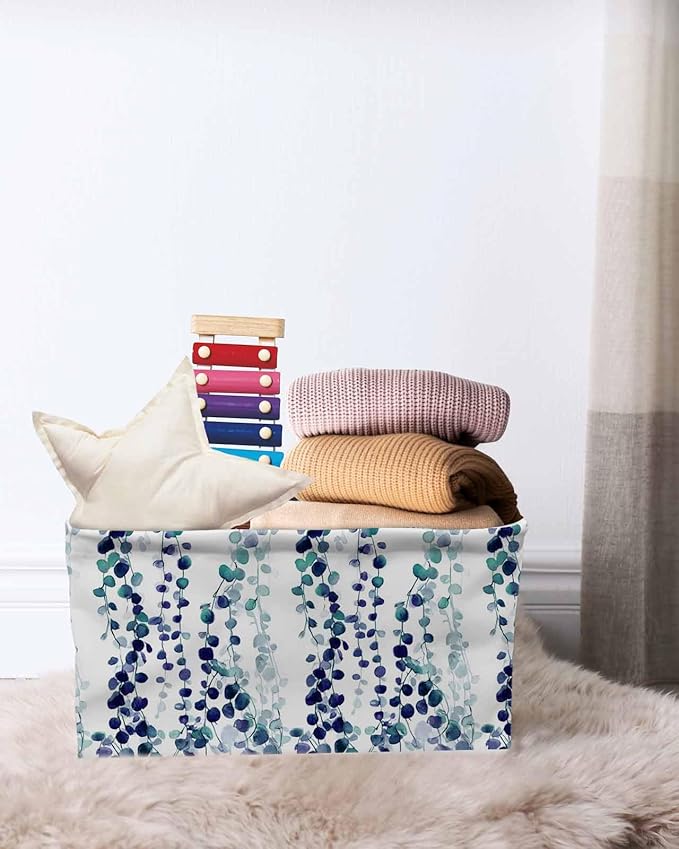Blue Weeping Eucalyptus Storage Bins Cubes Waterproof Cloth Storage Basket,Spring Summer Farmhouse Leaves Foldable Storage Bags for Shelf Clothes Storages Organizers with Handles 15x11x9.5 in 2PCS