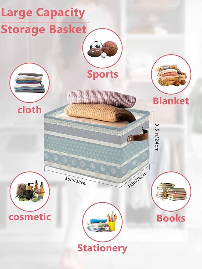 Farm Fruits Storage Bins Cubes Waterproof Cloth Storage Basket,Watermelon Lemons Peach Blue Grey Striped Foldable Storage Bags for Shelf Clothes Storages Organizers with Handles 15x11x9.5 in 2PCS