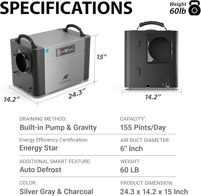 155 Pints Commercial Dehumidifier for Basement with Pump and Drain Hose, Large Space Dehumidifier for Crawl Space, Attic, Garage, Home, Industrial, Water Damage, Auto Defrost, Energy Star