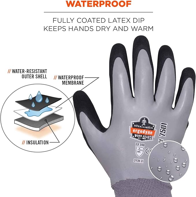 Ergodyne ProFlex 7501 Coated Waterproof Winter Work Gloves Gray, Medium, 1 Pair (Pack of 2)