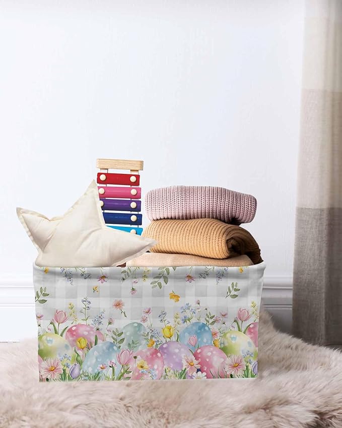 Easter Eggs Storage Bins Cubes Waterproof Cloth Storage Basket,Spring Daisy Eucalyptus Leaves Gray Plaid Foldable Storage Bags for Shelf Clothes Storages Organizers with Handles 15x11x9.5 in 1PCS