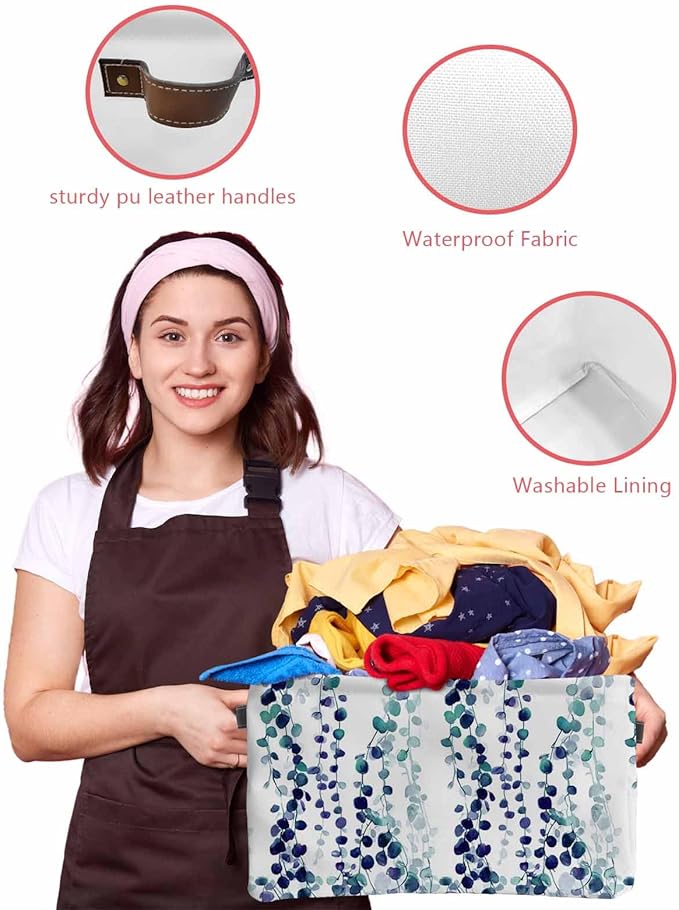 Blue Weeping Eucalyptus Storage Bins Cubes Waterproof Cloth Storage Basket,Spring Summer Farmhouse Leaves Foldable Storage Bags for Shelf Clothes Storages Organizers with Handles 15x11x9.5 in 1PCS
