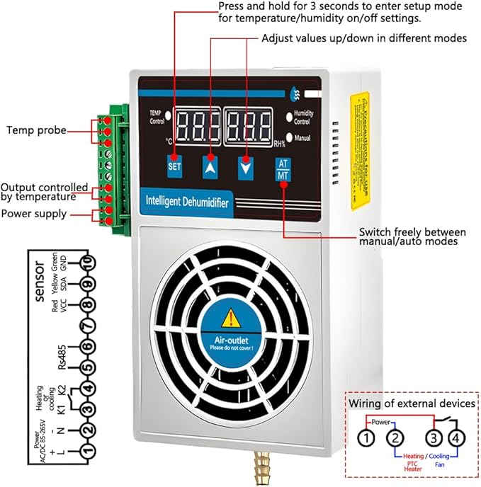 Grow Tent Dehumidifier, Smart Temp and Humidity Controller with External Heating or Cooling Interface, Auto Dehumidification Kit for Safes/Cabinets/Electric Box/Closets, AC/DC 85-265V, Auto Shut Off