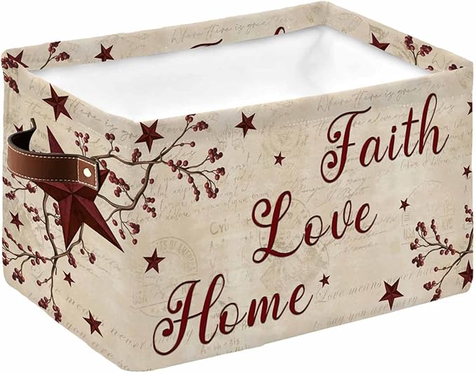 Vintage Country Storage Bins Cubes Waterproof Cloth Storage Basket,Vintage Rustic Texas Stars Plants Branch Foldable Storage Bags for Shelf Clothes Storages Organizers with Handles 15x11x9.5 in 1PCS