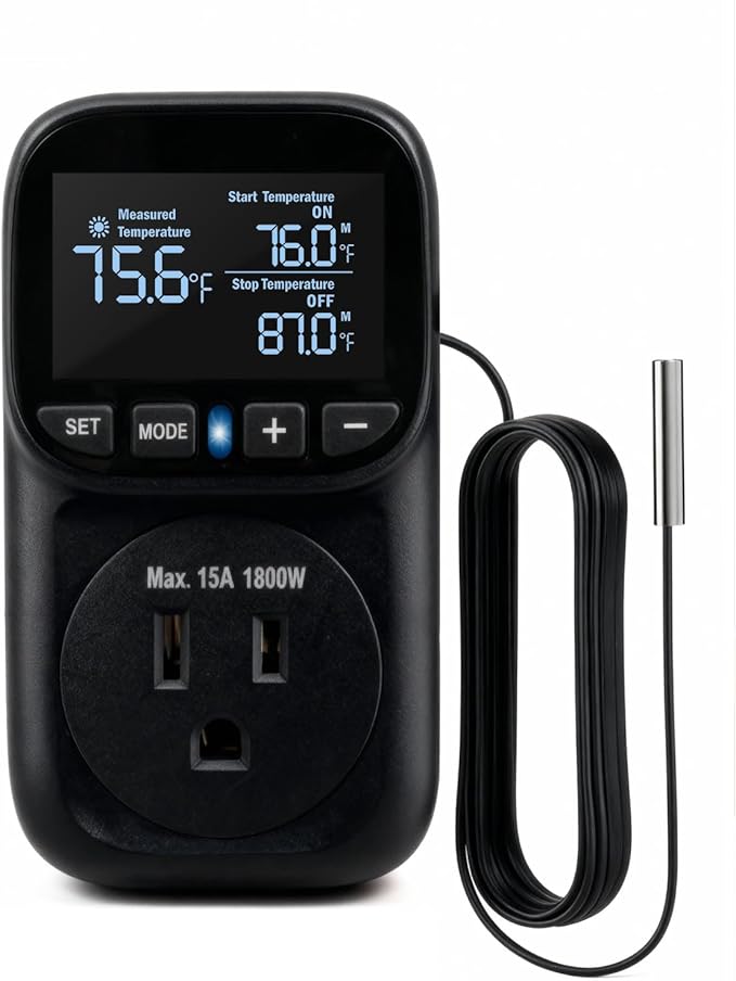 Temperature Controlled Outlet, Heavy Duty 15A 1800W Heating Cooling Thermostat Plug Outlet, -40℉~210℉ LCD Display Plug in Thermostat for Heater Greenhouse Incubator Homebrew Heat Lamp