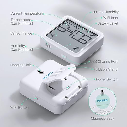INKBIRD WiFi Thermometer Hygrometer, Indoor Temperature Sensor IBS-TH3-PLUS with Electronic Display, Humidity Monitor with App Alert 1 Year Data Storage Export, Digital Remote Monitor for Room