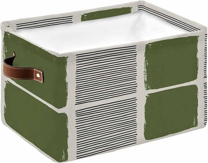 Sage Green Storage Bins Cubes Waterproof Cloth Storage Basket,Modern Painting Farmhouse Striped Abstract Art Foldable Storage Bags for Shelf Clothes Storages Organizers with Handles 15x11x9.5 in 1PCS