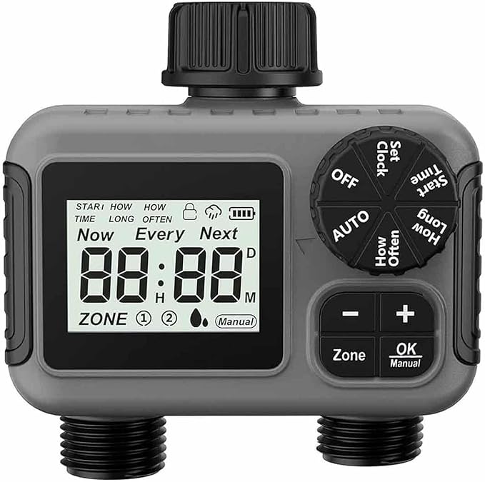 ERICAT 2 Zone Sprinkler Timer Automatic Irrigation Water Timer, Programmable Garden Hose Water-Saving Irrigation Controller with Digital Display and Electronic Lock, Stable Operation, for Yard