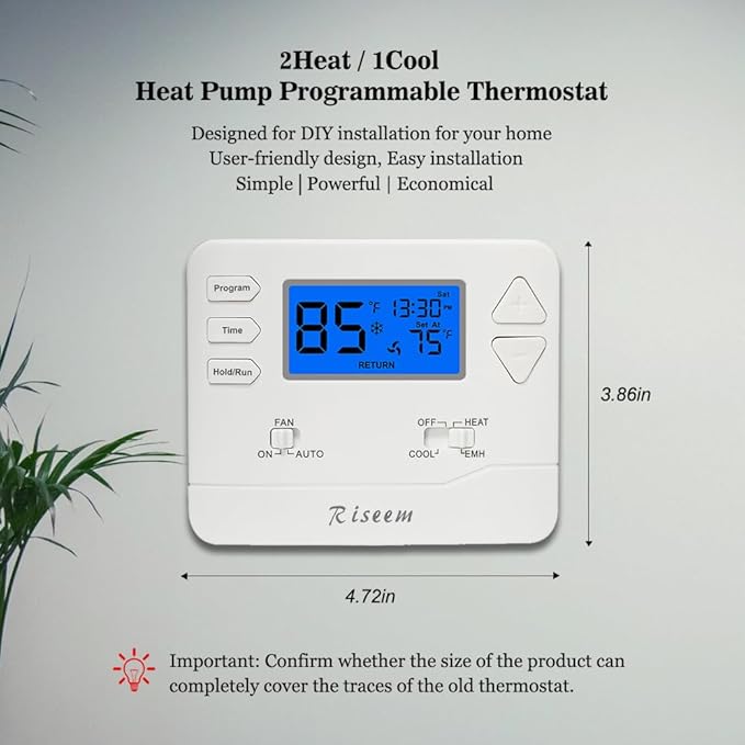 Thermostat for Heat Pump,Programmable Thermostat for Home,Single-Stage Systems,2 Heat/1 Cool Heat Pump Or 1 Heat/1 Cool,Easy DIY Install,Blue Backlight