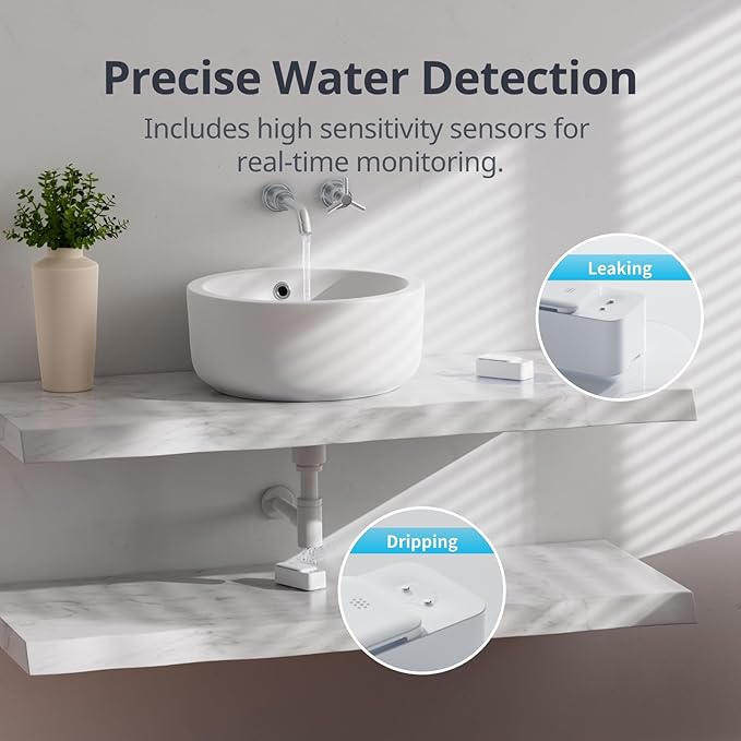 SwitchBot Smart Water Leak Detector, 100dB Adjustable Alerts & App Alerts, IP67 Waterproof, Water Sensor for Kitchen, Bathroom, Basement, No Hub Required (Support 2.4G) (White, Pack, 4)