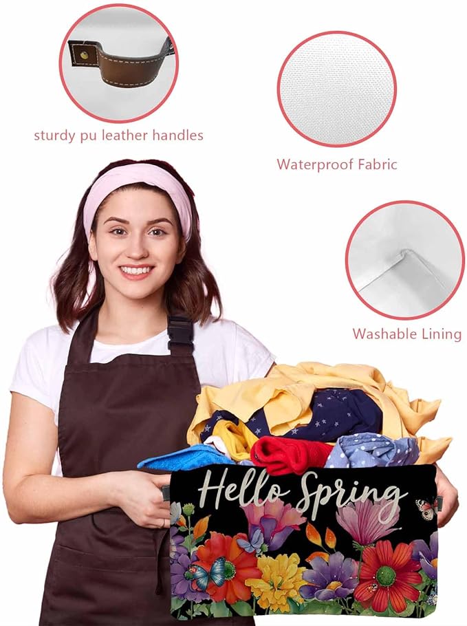 Spring Flowers Storage Bins Cubes Waterproof Cloth Storage Basket,Watercolor Country Colorful Floral Black Foldable Storage Bags for Shelf Clothes Storages Organizers with Handles 15x11x9.5 in 1PCS