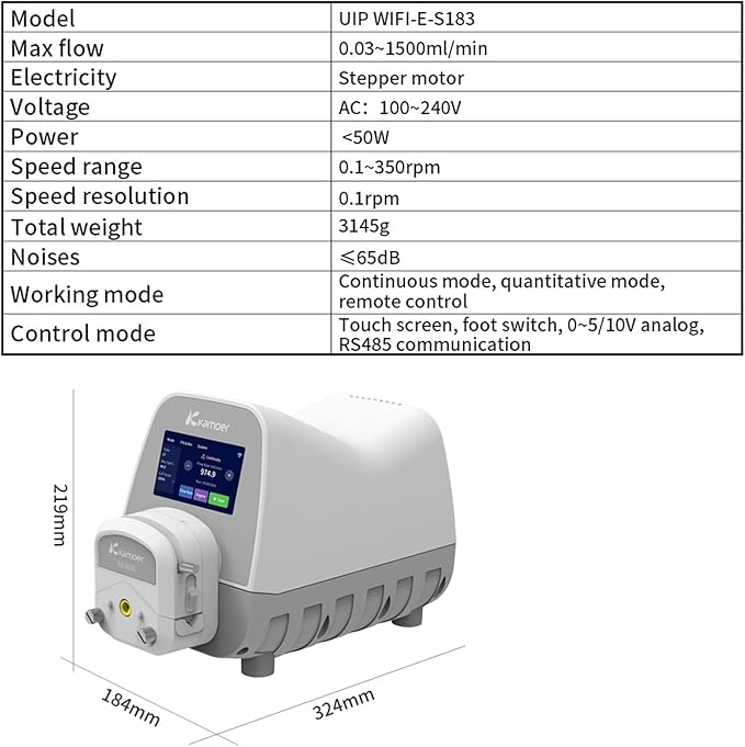 Kamoer UIP WIFI E Intelligent Peristaltic Pump, High Flow Adjustable Dosing Pump 0.5-1500ml/min with Stepper Motor & Touch Screen, 100V-240VAC for Lab Fluid Transfer