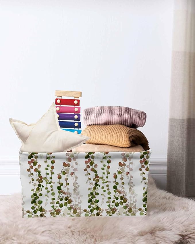 Green Pink Weeping Eucalyptus Storage Bins Cubes Waterproof Cloth Storage Basket,Spring Summer Farmhouse Leaves Foldable Storage Bags for Shelf Storages Organizers with Handles 15x11x9.5 in 1PCS