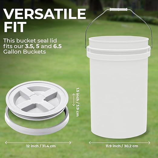 6.5-Gallon White Bucket Pail with Gamma Seal Screw on Airtight Lid, Heavy-Duty 90MIL Extra Durable, Food Grade, Metal Handles with Plastic Grip for Easy Carrying, Easy Stack & Store, BPA Free - 5 Pack